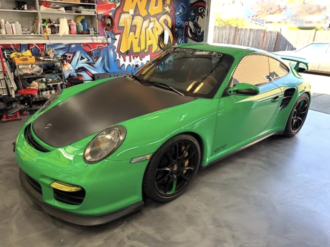 Porsche 911 GT2 wrapped in 3M 2080 gloss green by Wu Wraps in Renton, WA