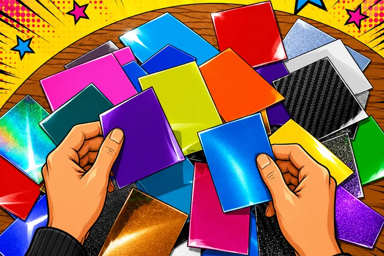 Hands sorting vinyl film swatches across a workbench